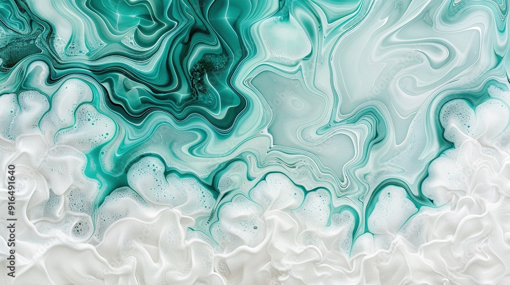   A close-up of a green and white painting with white and black swirls at the base