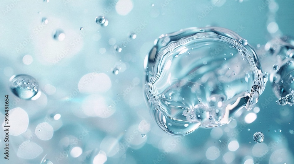 A close-up of a water droplet against a blue background featuring a blurred depiction of the droplet A close-up of a water droplet against a blue background featuring a blurred depiction of the droplet