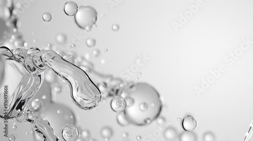  A monochromatic picture depicting water bubbles on a white background, featuring a droplet on the left side