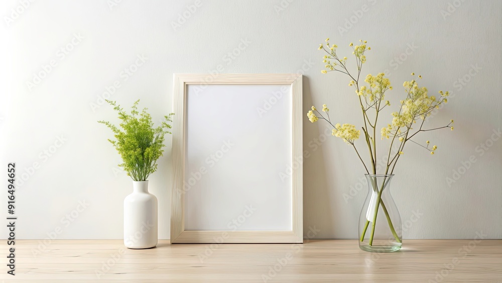 Frame mockup in a light minimalist spring interior , home decor, interior design, frame template, mockup, blank frame Frame mockup in a light minimalist spring interior , home decor, interior design, frame template, mockup, blank frame