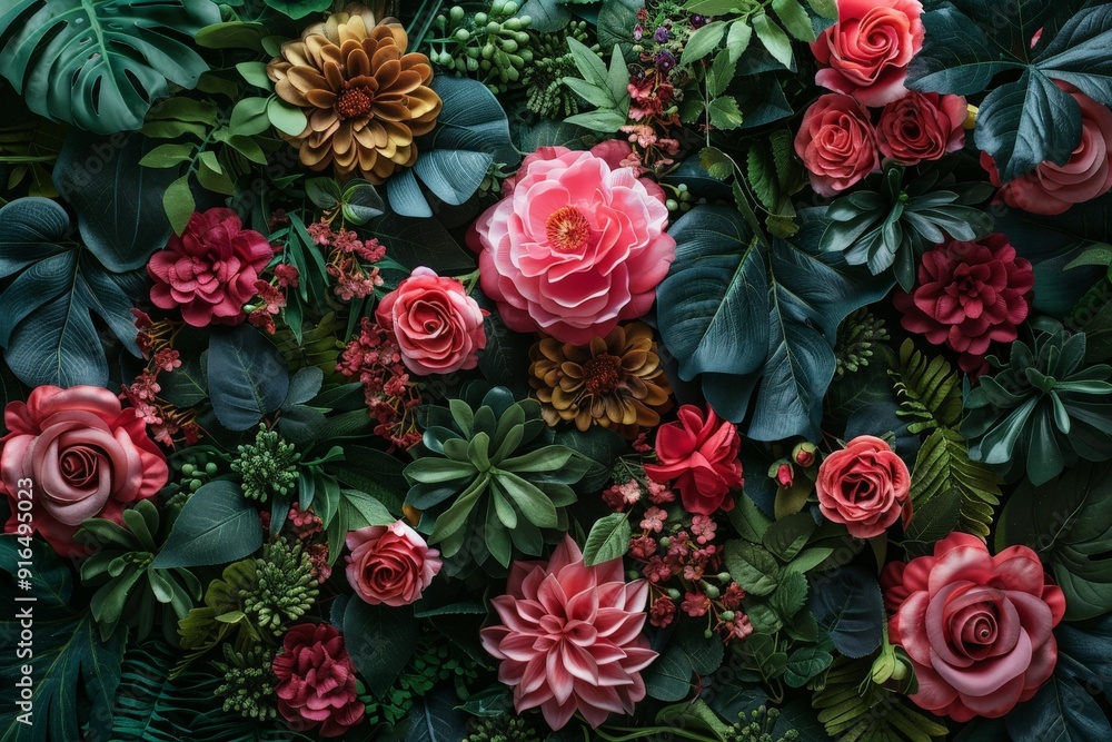 A sophisticated floral wallpaper with a black background, highlighting a bunch of leaves and flowers with ample copy space A sophisticated floral wallpaper with a black background, highlighting a bunch of leaves and flowers with ample copy space