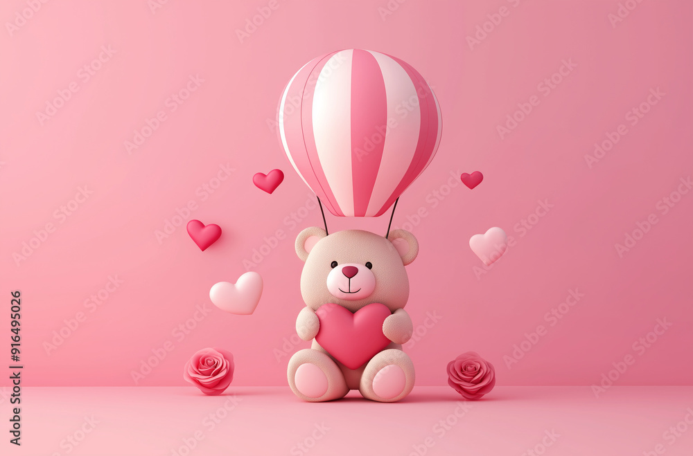 3D rendering of a Valentine's Day cute teddy bear with a heart hot air balloon and rose flower on a pink background
3D rendering of a Valentine's Day cute teddy bear with a heart hot air balloon and rose flower on a pink background