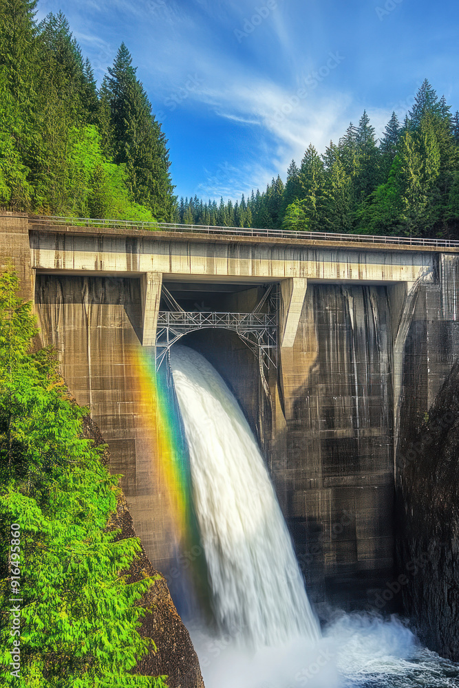 Vibrant Rainbow Over Hydroelectric Dam, sustainable energy solutions, green technology, environmental harmony, renewable resources, ecological balance, climate action, nature and innovation, clean ene Vibrant Rainbow Over Hydroelectric Dam, sustainable energy solutions, green technology, environmental harmony, renewable resources, ecological balance, climate action, nature and innovation, clean ene
