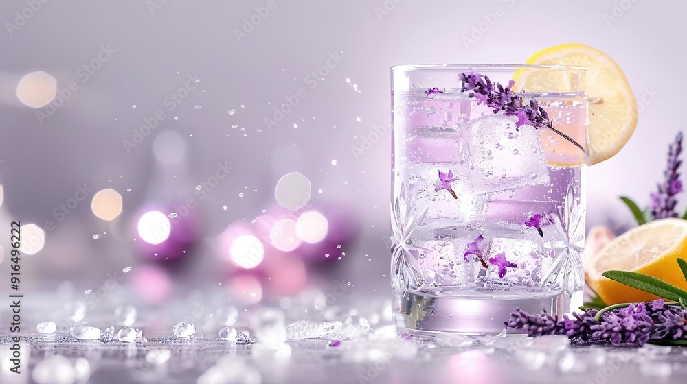 A close-up of a glass filled with ice, adorned with a lemon wedge and sprigs of lavender A close-up of a glass filled with ice, adorned with a lemon wedge and sprigs of lavender
