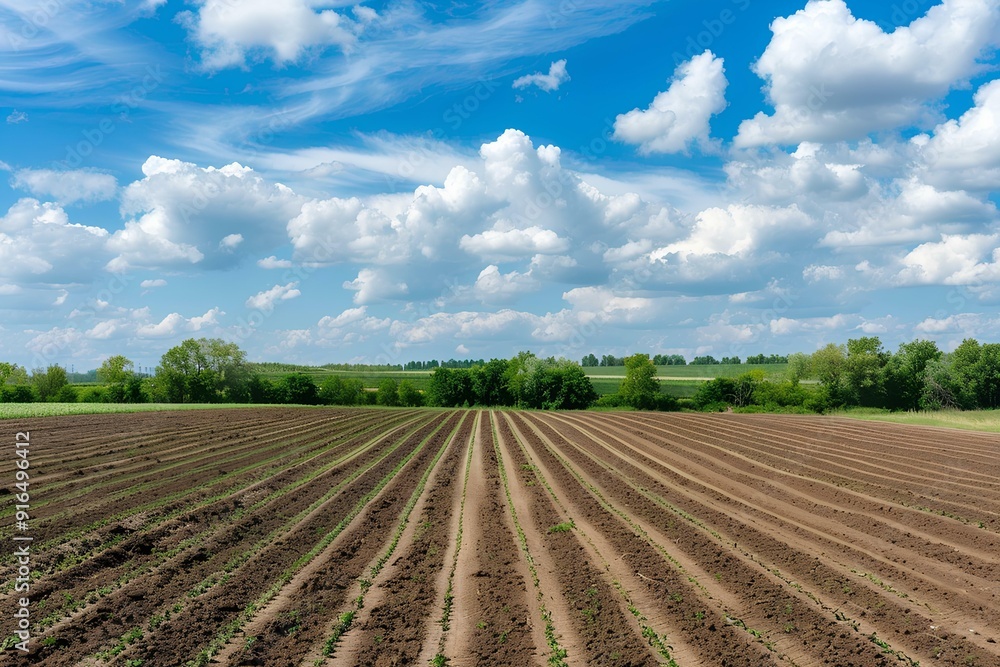 Abstract view of a freshly cut wheat field under the blue sky with white clouds. The field is wide and has neatly arranged rows, harvest season in rural areas. Abstract view of a freshly cut wheat field under the blue sky with white clouds. The field is wide and has neatly arranged rows, harvest season in rural areas.