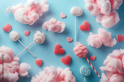 cute pastel pink and blue candy land with lollipops, marshmallows on cotton clouds, copy space concept for Valentine's Day  photo