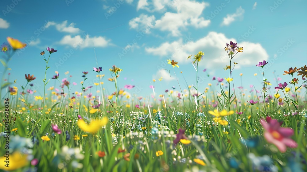3D rendering of a grassy meadow with colorful wildflowers on a blue sky background. A beautiful spring or summer landscape with a field and yellow, white flowers. A concept for nature, environment 3D rendering of a grassy meadow with colorful wildflowers on a blue sky background. A beautiful spring or summer landscape with a field and yellow, white flowers. A concept for nature, environment