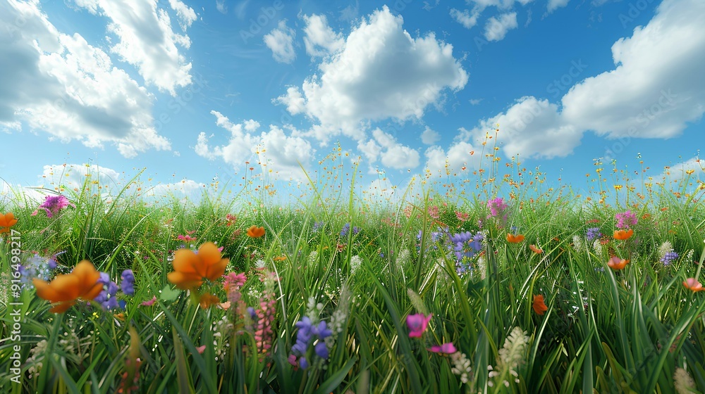 3D rendering of a grassy meadow with colorful wildflowers on a blue sky background. A beautiful spring or summer landscape with a field and yellow, white flowers. A concept for nature, environment 3D rendering of a grassy meadow with colorful wildflowers on a blue sky background. A beautiful spring or summer landscape with a field and yellow, white flowers. A concept for nature, environment