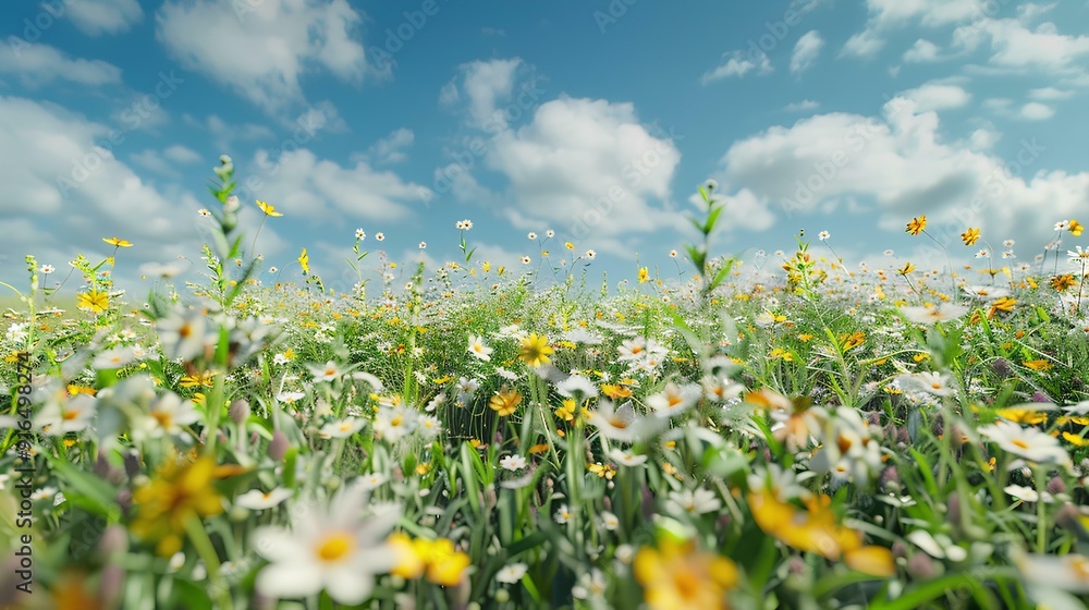 3D rendering of a grassy meadow with colorful wildflowers on a blue sky background. A beautiful spring or summer landscape with a field and yellow, white flowers. A concept for nature, environment 3D rendering of a grassy meadow with colorful wildflowers on a blue sky background. A beautiful spring or summer landscape with a field and yellow, white flowers. A concept for nature, environment