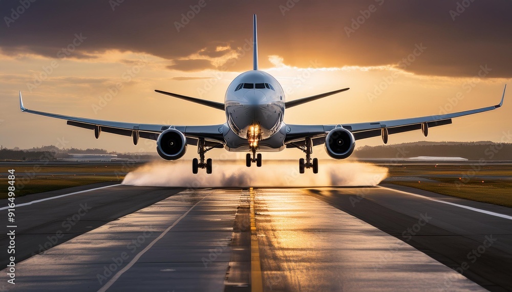 Obraz premium Smooth Landing: Airplane's Final Approach to the Runway