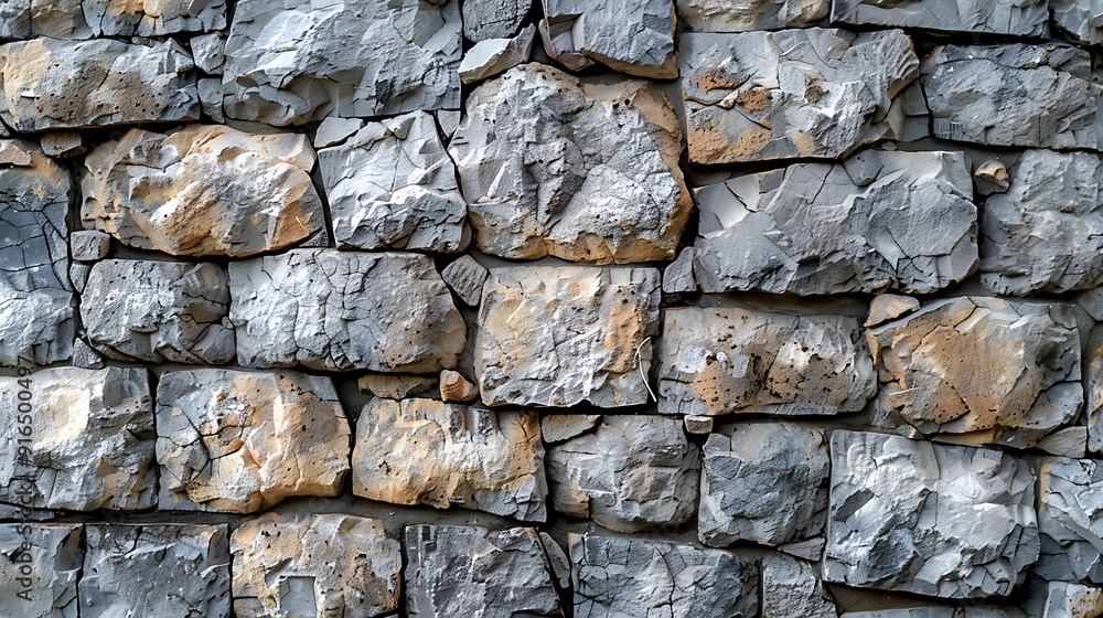 Fototapeta premium A background of stone wall texture, coarse stone surfaces with natural patterns, shades of grey and beige, ancient and weathered look, hd quality, natural look. --ar 16:9 --v 6.0 --s 250 --style raw