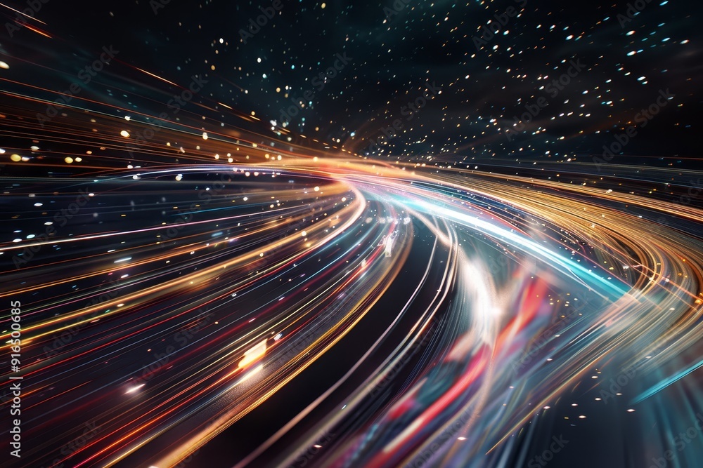 Abstract visualization of light trails in night sky, symbolizing celestial motion and cosmic energy Abstract visualization of light trails in night sky, symbolizing celestial motion and cosmic energy