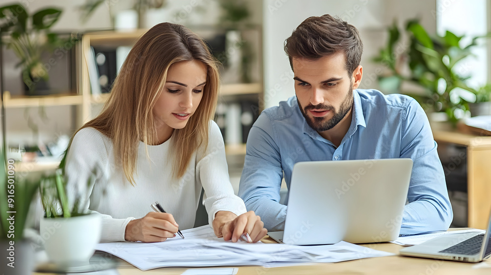 Couple Working Together on Documents - Photo Couple Working Together on Documents - Photo