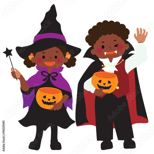 ハロウィーン用のコスプレを楽しむ子供たちのベクターイラスト