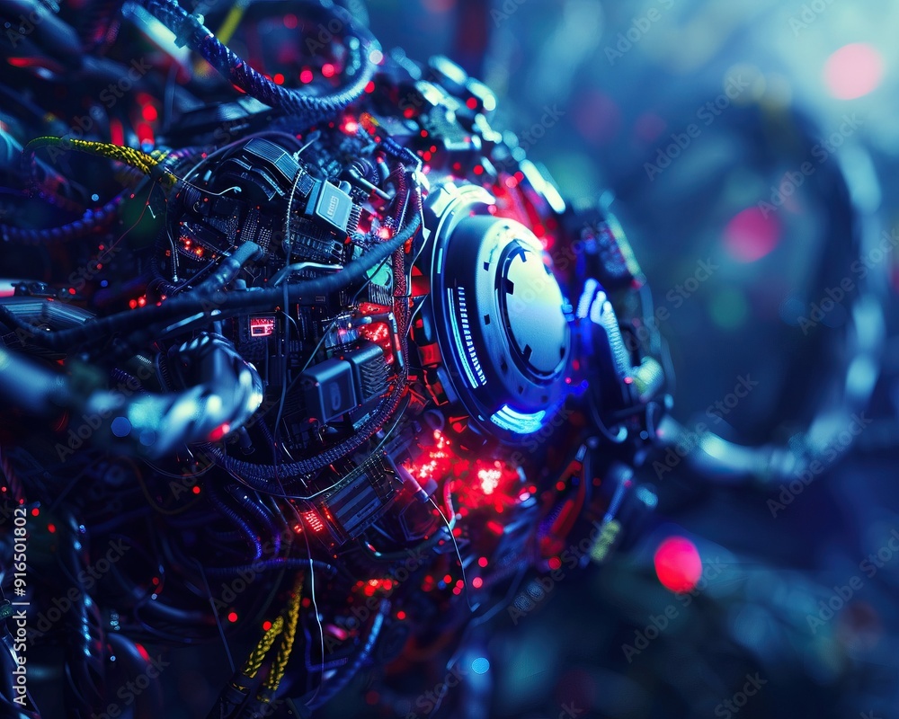 Futuristic Machine with Red and Blue Lights.
