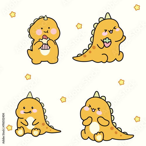 chibi kawai little cute dino dinosaurs set