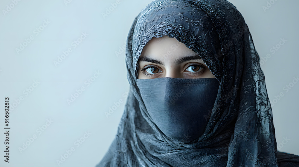 Naklejka premium Closeup portrait of young woman wearing a niqab, hijab