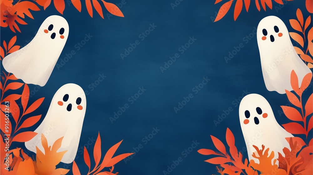 Halloween pattern featuring ghosts with a mix of leaves in watercolor style. Halloween pattern featuring ghosts with a mix of leaves in watercolor style.