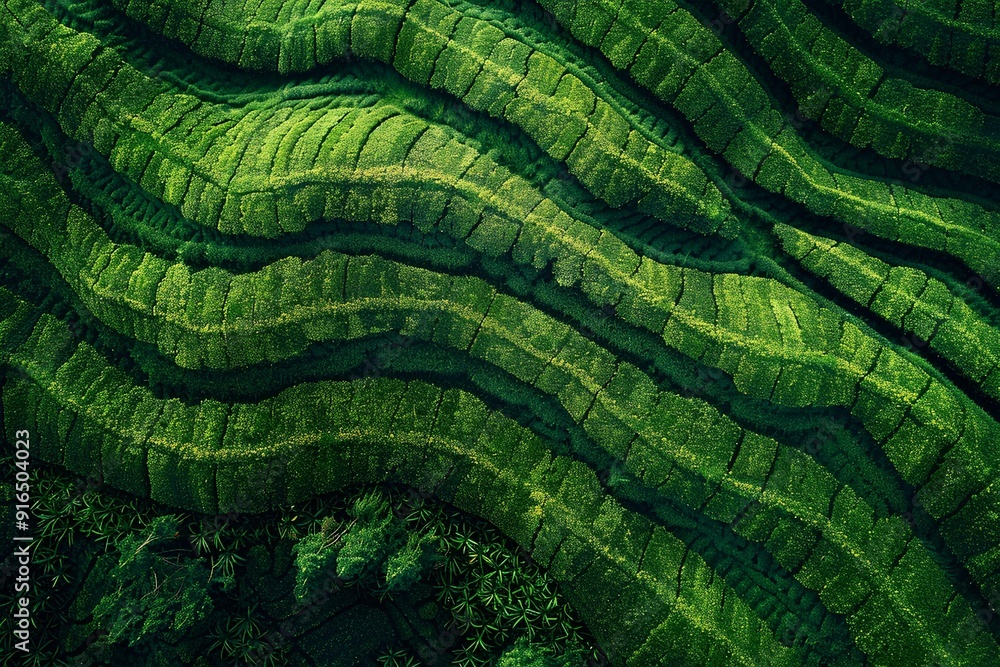 Beautiful aerial view of a tea plantation, with green grass fields and intricate patterns of plantations in the background Beautiful aerial view of a tea plantation, with green grass fields and intricate patterns of plantations in the background