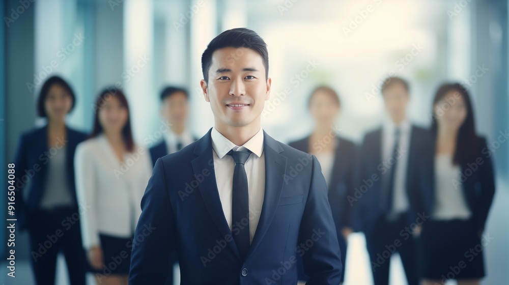 Leadership in Focus: Confident Team Leader with Colleagues in Background Leadership in Focus: Confident Team Leader with Colleagues in Background