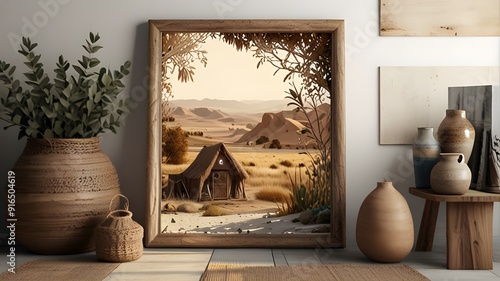 Travel boho interior background with rustic decor, 3d rendering
