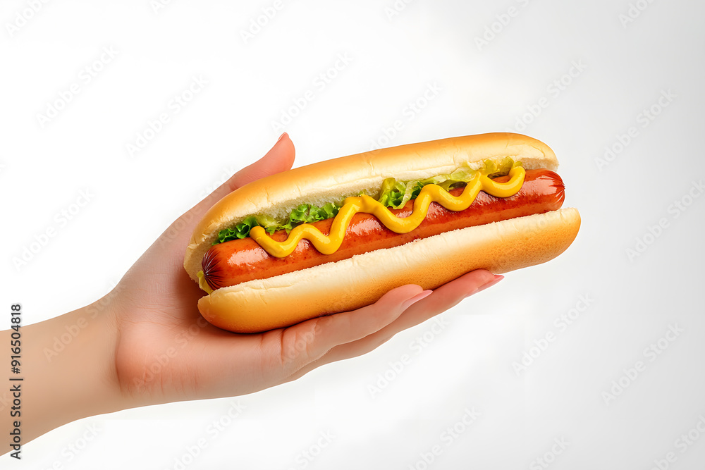 Hand holding a hotdog with ketchup and mustard isolated on a white background Hand holding a hotdog with ketchup and mustard isolated on a white background