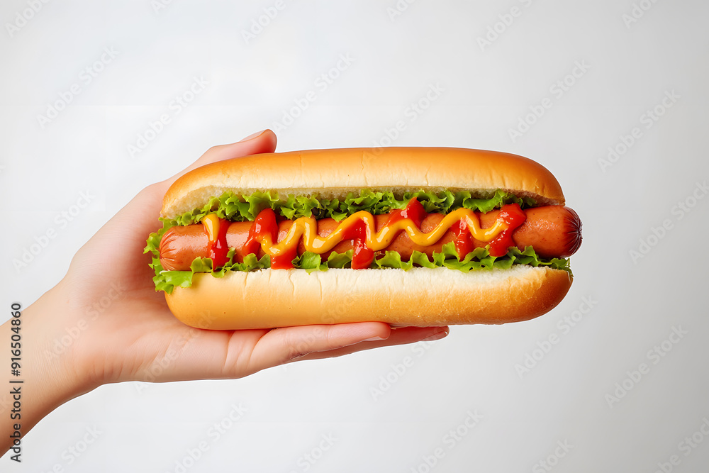 Hand holding a hotdog with ketchup and mustard isolated on a white background Hand holding a hotdog with ketchup and mustard isolated on a white background