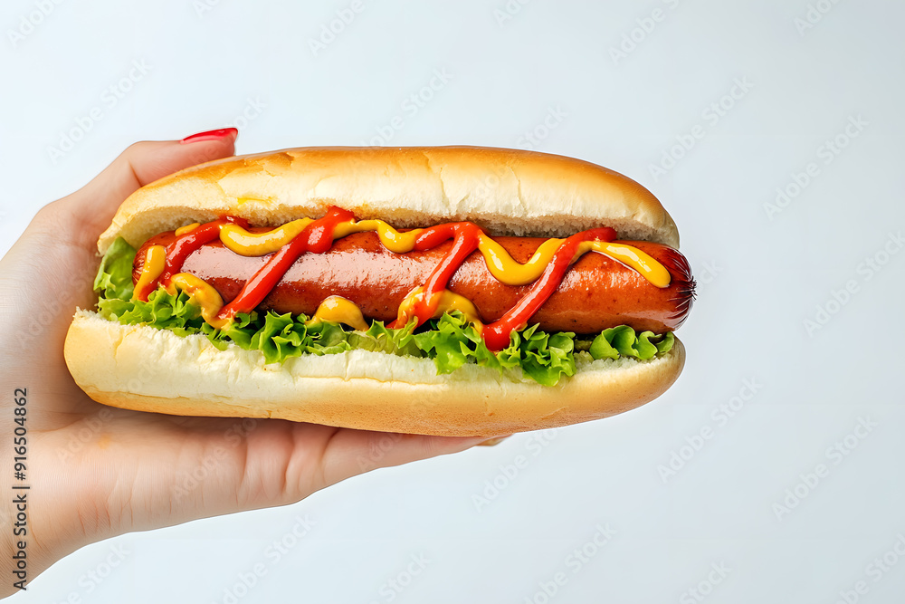 Hand holding a hotdog with ketchup and mustard isolated on a white background Hand holding a hotdog with ketchup and mustard isolated on a white background