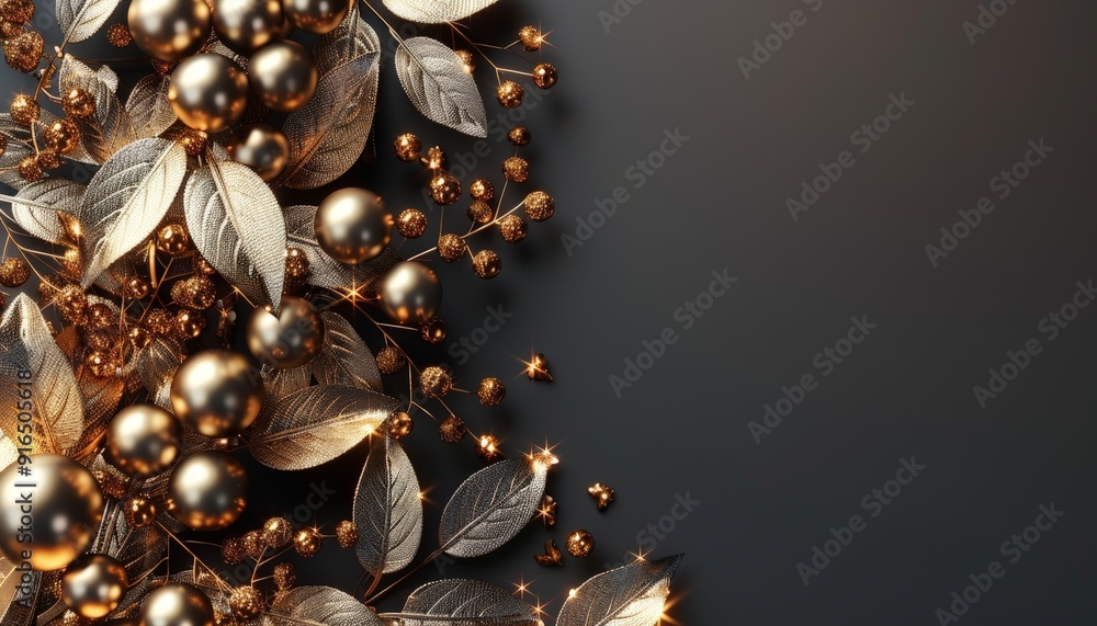 A sophisticated floral wallpaper with a bunch of leaves and flowers in 3D on a black background, offering generous copy space A sophisticated floral wallpaper with a bunch of leaves and flowers in 3D on a black background, offering generous copy space