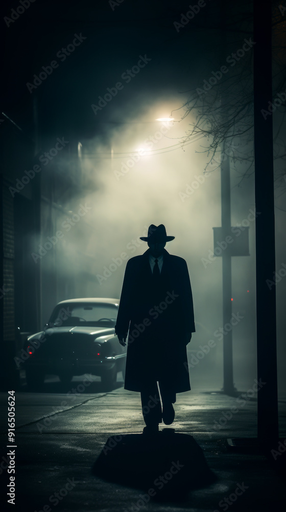 Obraz premium Atmospheric noir-style scene featuring a shadowy figure in a trench coat and hat walking down a foggy street illuminated by a dim streetlight with a vintage car in the background