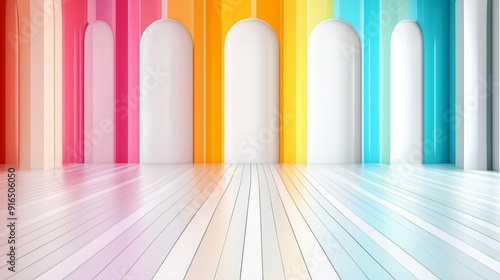 Fototapeta Naklejka Na Ścianę i Meble -  A colorful room with a white wall and a white floor. The room is full of light and has a bright and cheerful atmosphere