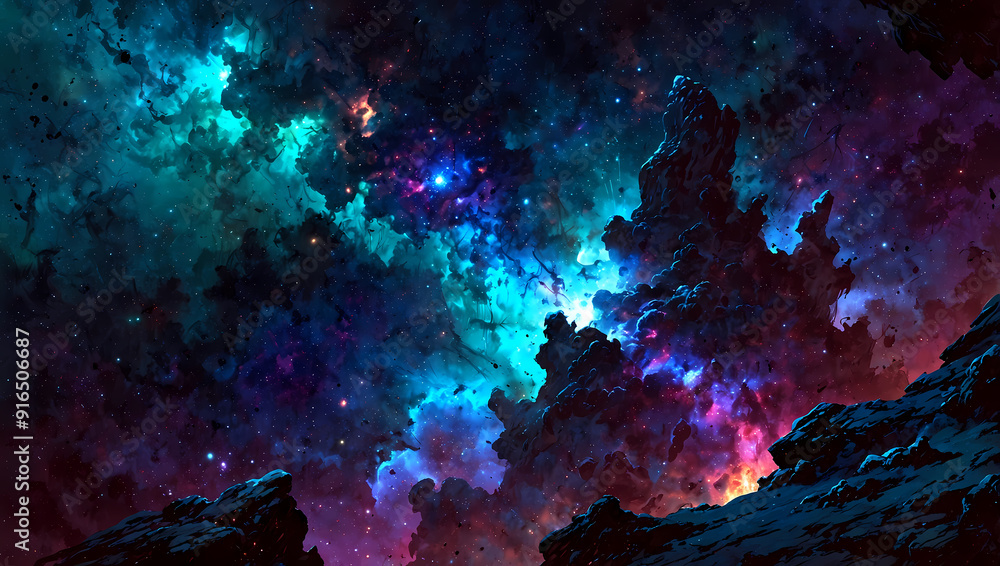 Cosmic Abyss, Dark nebula with dramatic lighting, anime-style Cosmic Abyss, Dark nebula with dramatic lighting, anime-style