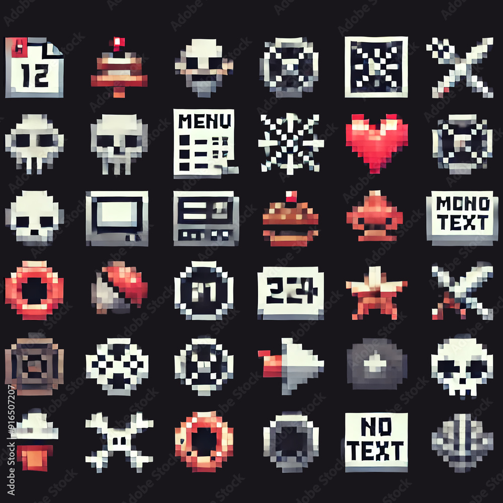 Detailed pixel art sprite sheet with menu item icons Detailed pixel art sprite sheet with menu item icons