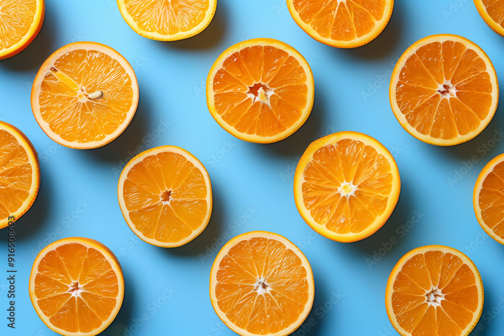 Orange slices and whole orange, shot from above, making a fun pattern on a bright background. Orange slices and whole orange, shot from above, making a fun pattern on a bright background.