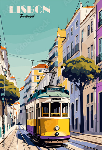 Lisbon, Portugal Travel Destination Poster in retro style. Colorful painting of a town with iconic yellow tram. European summer vacation, holidays concept. Vector illustration.