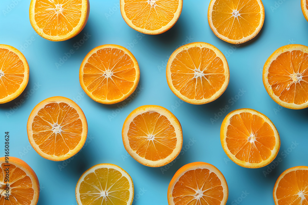 Orange slices and whole orange, shot from above, making a fun pattern on a bright background. Orange slices and whole orange, shot from above, making a fun pattern on a bright background.