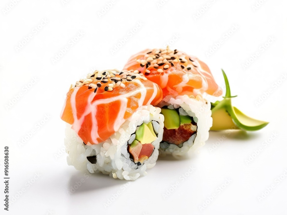 Sushi with salmon and avocado on white background. AI generated. Sushi with salmon and avocado on white background. AI generated.