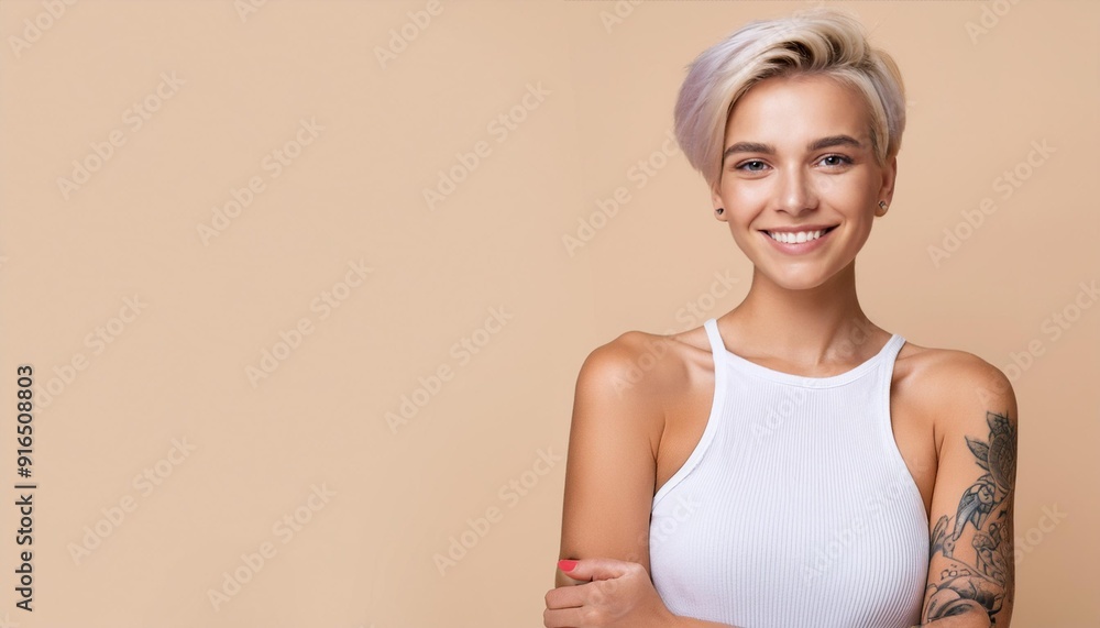 Beautiful Young Woman with Short Blonde Hair: Smiling Gen Z Model in White Top Beautiful Young Woman with Short Blonde Hair: Smiling Gen Z Model in White Top