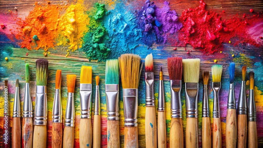 Fototapeta premium Colorful paint brush splashes on canvas with row of artist paintbrushes closeup, paint, brushes, splashes, canvas