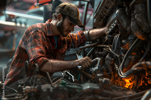 A man in a plaid shirt and a baseball cap is working on the engine of a truck.