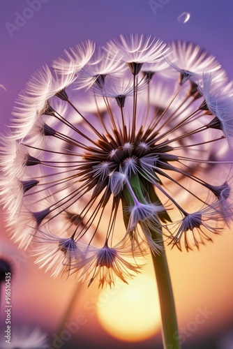 Dandelion seeds gently blowing in the wind, vertical compostion