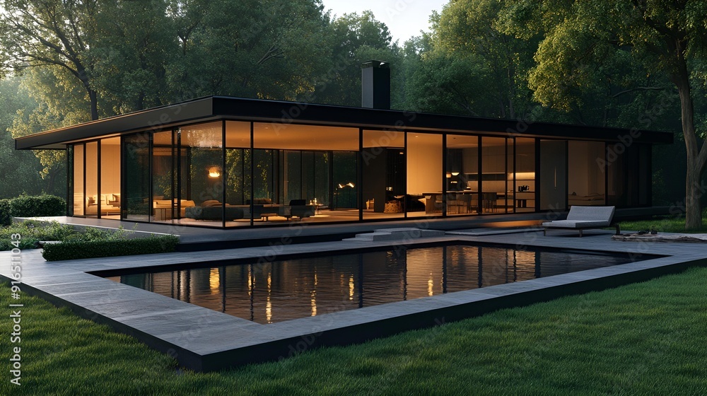 A tranquil pool scene at sunset in a garden setting with a charming house in the background A tranquil pool scene at sunset in a garden setting with a charming house in the background