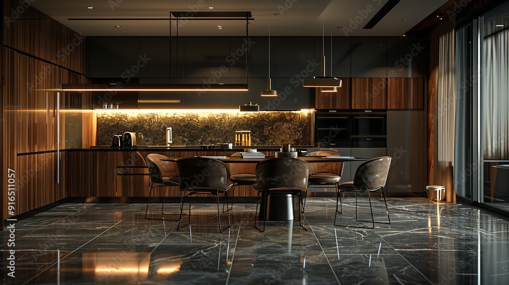 An open-concept dining area with minimalist furniture and a monochromatic color scheme An open-concept dining area with minimalist furniture and a monochromatic color scheme