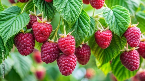 Close-Up of Ripe Raspberries on Plant, Natural and Organic Summer Fruit in Full Bloom