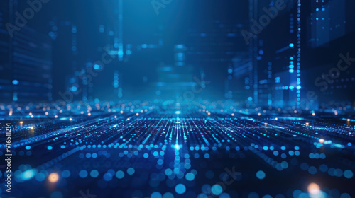 An abstract depiction of a futuristic cityscape with glowing lights and a bokeh effect.