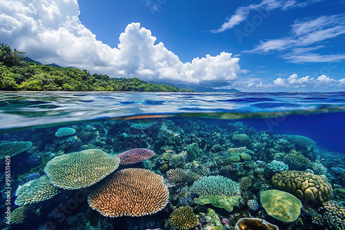 Fototapeta Naklejka Na Ścianę i Meble -  ocean coral sky water reef tropical nature sea underwater blue clouds coastline horizon landscape marine scenic vibrant island sunny clear 