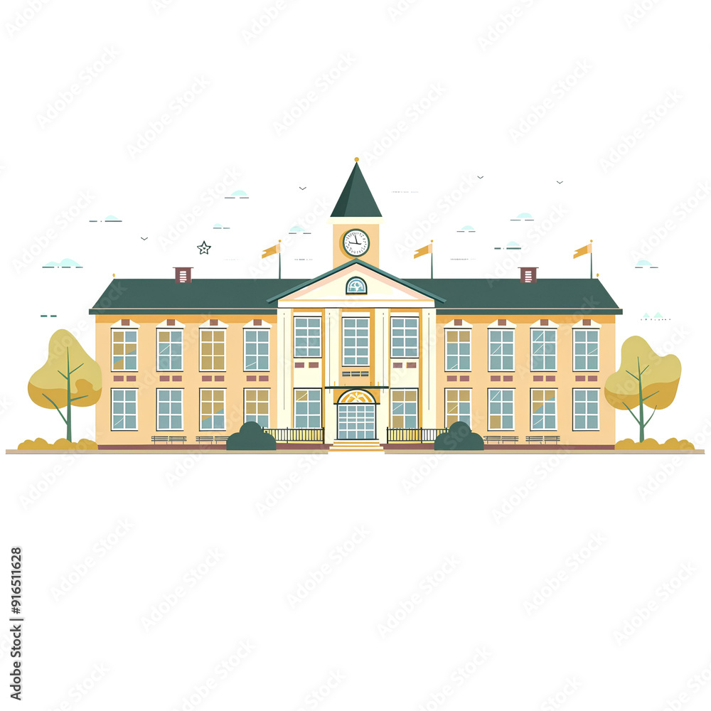 Naklejka premium Flat High School building with transparent background, simple design, cute and friendly appearance on the school facade simple color combination