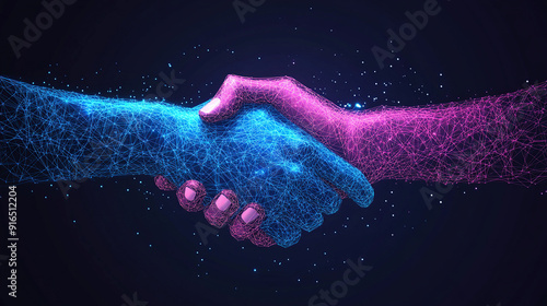 Abstract digital handshakes in blue and pink colors on a dark background