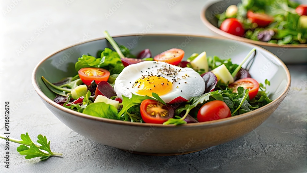 Salad with poached egg in a bowl on a light background, salad, poached egg, bowl, healthy, green, fresh, breakfast, organic Salad with poached egg in a bowl on a light background, salad, poached egg, bowl, healthy, green, fresh, breakfast, organic