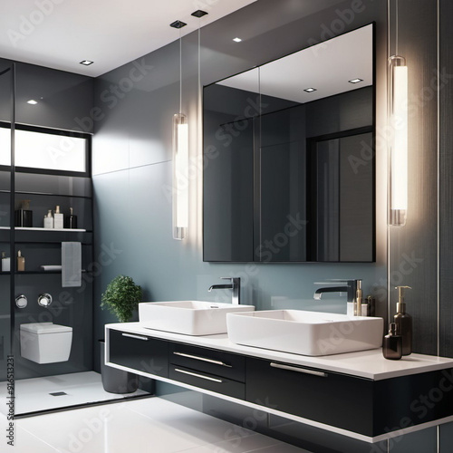 Stylish beautiful modern bathroom interior with bathtub and mirror